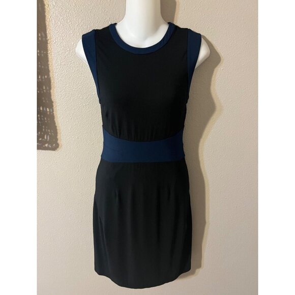DVF Diane Von Furstenberg Dress 4 Navy Blue Trim on Black Stretch Career - Picture 4 of 13